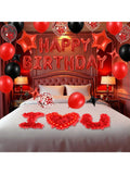 Red Black Happy Birthday Balloon Set with Banner Star Balloons Rose Petals LED