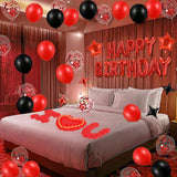 Red Black Happy Birthday Balloon Set with Banner Star Balloons Rose Petals LED