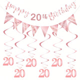 20th Birthday Decoration Kit for Women with Banner, Bunting, and Streamers Rose Gold