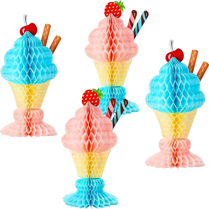 4 Pcs Tissue Ice Cream Honeycomb Sundae Centerpieces for Ice Cream Theme Party