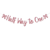 Pink Bow Half Way To One Banner - Pink Knot Half Years Old Baby Shower Decor, Coquette 6 Months Birthday Party Decorations Rose Gold