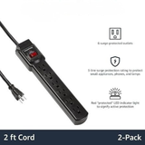 2 Pack 6 Outlet Surge Protector Power Strip 2FT Extension Cord 200J Circuit Breaker Black