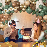 152pcs-Piece Sage Green and Brown Balloon Garland Kit with Palm and Ivy Leaves for Jungle Safari Parties