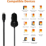 12W Fast Car Charger with Coiled Lightning Cable MFi Certified for iPhone iPad Apple Devices Black