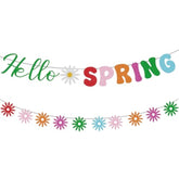 Pre-Strung Hello Spring Banner And Flower Bunting Colorful Glitter Garland For Classroom Office Spring Easter Hanging Decorations