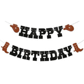 Cowboy Happy Birthday Banner - Western Birthday Party Sign For Cowboy Cowgirl, Horse Racing Party Decor, Rodeo Theme Birthday Decorations Black & Brown Glitter