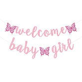 1pc Pink Butterfly "Welcome Baby Girl" Banner for Baby Shower Decoration