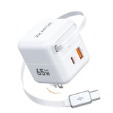 65W Usb C Charger Block With Retractable Usb C Cable, Travel Charger With Dual Port, Pd Pps Qc Fast Charging Foldable Wall Charge Gan For Iphone 16 15 Pro Max/Plus, Pad, Macbook Air, Galaxy And More