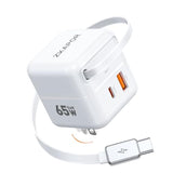 65W Usb C Charger Block With Retractable Usb C Cable, Travel Charger With Dual Port, Pd Pps Qc Fast Charging Foldable Wall Charge Gan For Iphone 16 15 Pro Max/Plus, Pad, Macbook Air, Galaxy And More