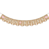 Flower God Bless Banner Baptism Burlap Garlands Girl Pink Cross Floral First Communion Christening Decoration