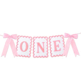Bow Highchair Banner For 1St Girls Birthday Decoration, Pink And White One Birthday Banner For Party Decor Photo Props(Pre-Strung)