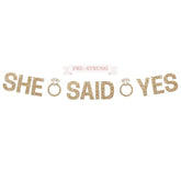 Pre-Strung She Said Yes Banner - No Diy - Gold Glitter Wedding Engagement Bridal Shower Banner - Pre-Strung On 10 Ft Strands - Just Engaged, Bride To Be, Happy Engagement Party Decorations - No Diy