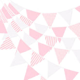 39Ft Pink White Party Decoration, 42Pcs Large Striped And Checkered Fabric Banner Garland, Triangle Banner Flags For Valentine'S Pink Party, Wedding, Bridal Baby Shower, Home Nursery Decoration