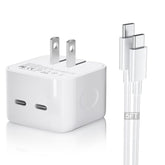 Dual Usb-C Charger 35W Compact Power Adapter Gan Fast Foldable Double Port Usbc Wall Charger Block Travel For Iphone/15/16/14/13/12/11/Pro/Max/Plus/Mini/I Pad/Samsung And More - 6Ft Usb C Cable