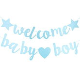 Blue Welcome Baby Boy Banner — Gold Glitter Baby Shower & Gender Reveal Decor