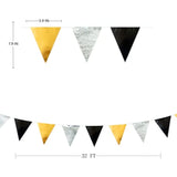 Black Gold Silver Party Decoration Triangle Pennant Banner Flag Metallic Fabric Bunting Garland For Birthday Graduation Anniversary Wedding Bridal Shower Bachelorette Engagement Disco Party Supplies