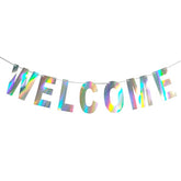 Pre-Strung Holographic Welcome Banner Decorations Sign, Iridescent Hanging Bunting String Flag Garland For Welcome Baby Shower, Deployment Homecoming, Family Reunion, Military Homecoming Party
