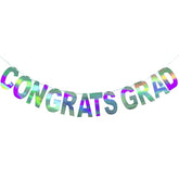 Pre-Strung Holographic Congrats Grad Banner Decorations Sign, Iridescent Hanging Bunting String Flag Garland For Graduation Ceremony Party Decoration