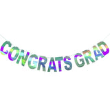 Pre-Strung Holographic Congrats Grad Banner Decorations Sign, Iridescent Hanging Bunting String Flag Garland For Graduation Ceremony Party Decoration