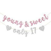 Young & Sweet Only 17 Banner - Happy 17Th Birthday Party Decor For Girls - Cheers To 17 Years Party Decorations Supplies, Pink & Silver Glitter
