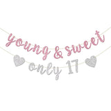 Young & Sweet Only 17 Banner - Happy 17Th Birthday Party Decor For Girls - Cheers To 17 Years Party Decorations Supplies, Pink & Silver Glitter
