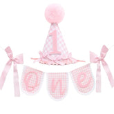Pink Gingham First Birthday Party Decoration Set, One Banner 80 Inches, Pink Gingham Party Hat, 5.5 Inches, Pom Pom Topper With Number 1, Girls Birthday Decoration
