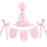 Pink Gingham First Birthday Party Decoration Set, One Banner 80 Inches, Pink Gingham Party Hat, 5.5 Inches, Pom Pom Topper With Number 1, Girls Birthday Decoration