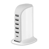 Charging Station For Multiple Devices 40W , Wall Charger Block 5 Usb Ports(Shared 6A), Usb Charging Hub Smart Ic, Charger Tower With Type-C 3A For Ipad Tablets Smartphones, Home Office Use