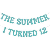 Summer I Turned 12 Banner, Blue Glitter Teen Boy 12th Birthday & Beach Decor