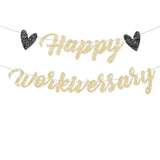 Pre-Strung Happy Work Anniversary Decorations Banner Gold Glitter Workiversary Sign For Work Party Office Party Theme No Diy