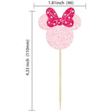 24Pcs Mouse Inspired Cupcake Toppers With Bow Glitter Mouse Cupcake Picks For Baby Shower Wedding Kids Birthday Mouse Themed Party Cake Decorations Pink Rose Red