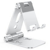 OMOTON Foldable Cell Phone Stand, C4 Portable Aluminum Phone Holder, Adjustable Phone Dock Cradle Compatible with iPhone 16/15/14/13 Pro Max, Samsung Galaxy, Small Tablets, All Smart Phones, Silver