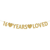 Gold 16 Year Loved Banner, Gold Glitter Happy 16Th Birthday Party Decorations, Supplies