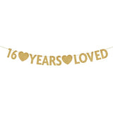 Gold 16 Year Loved Banner, Gold Glitter Happy 16Th Birthday Party Decorations, Supplies
