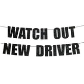Funny 16Th Birthday Decorations For Boys - Watch Out New Driver Banner, Black Glitter Sweet 16 Party Supplies, Milestone Driving 16 Year Old Birthday Boy Sign - Pre-Strung, No Diy