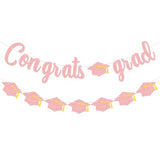 Graduation Banner Decorations – Pink Glitter Congrats Grad Banner with Graduation Cap Garland, Class of 2026 Graduation Party Supplies for High School and College Grad Party