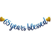 65 Years Blessed Banner, Pre-Strung, Blue Glitter Paper Garlands For 65Th Birthday / Wedding Anniversary Party Decorations Supplies, No Amssembly Required,Blue Sunbetterland