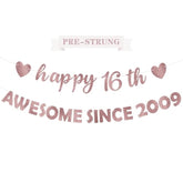 Pink Rose Gold 16th Party Decorations "Awesome Since 2009" Banner & Photo Props