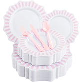 150Pcs Disposable Pink And White Stripped Plastic Plates And Silverware Set, Light Pink Dinner/Dessert Plates Silverware Serve 30Guests For Easter Day, Wedding Party And Daily Use.