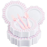 150Pcs Disposable Pink And White Stripped Plastic Plates And Silverware Set, Light Pink Dinner/Dessert Plates Silverware Serve 30Guests For Easter Day, Wedding Party And Daily Use.