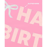Foil + Pink Glitter Happy Birthday Banner Princess Bow Garland, 21st, Coquette Decor
