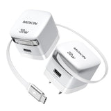 Usb-C Charger Block, 30W Gan 2 Port Fast Charging W/Built-In Retractable C Cable & Foldable Plug, Pd/Pps For Iphone 16Pro Max/16/Pixel 9 Pro/Galaxy/Ipad/Macbook,Compact Travel Charger (White*2)