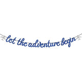 Let The Adventure Begin Banner - Congrats Grad Bunting Sign - Graduation/Retirement/Bon Voyage/Baby Shower/Moving Party/Travel Theme Party Decorations, Blue Glitter