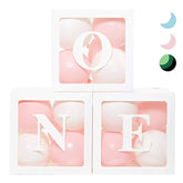 First Birthday Decorations Balloon 'One' Boxes For Baby Girl - 24 Balloons - Baby 1St Birthday Girl Decoration, Clear Cube Blocks 'One' Letters As Cake Smash Photoshoot Props Backdrop | 1 Year Old