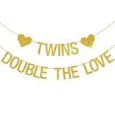 Twins Double the Love Banner Gold Glitter Baby Shower Birthday Decor