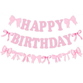 Bow Happy Birthday Banner Pre-Strung Pink Garland for Girls' Party Decor