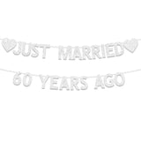 60th Wedding Anniversary Banner, Silver Glitter Just Married 60 Years Ago Decor