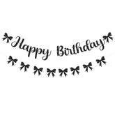 Black Bow Birthday Decorations Happy Birthday Banner Black Bow Bunting Garland Glitter Photo Props Satin Ribbon Hanging Swirls Party Decor For Boys Girls Bachelorette Themed Party Supplies