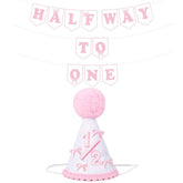 Pink Half Way To One Decorations For Baby Girl, Pink Bow 1/2 Birthday Hat And Pre-Strung Half Birthday Banner For 6 Month 1/2 Birth-Day Party Decorations, Baby Shower Party Photo Shoot