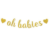 Oh Babies Banner - Twins Baby Shower Party Decor - Twin Boys Twin Girls Birthday Banner - Double The Love Party Decorations, Gold Glitter